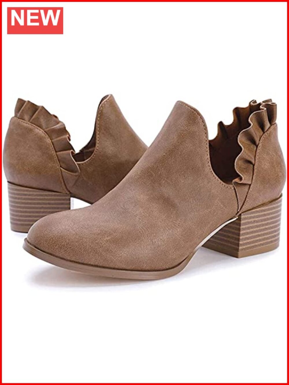 Faux Leather Cutout Slip On Ankle Booties Stacked Block Heel Ruffle Dress Boots